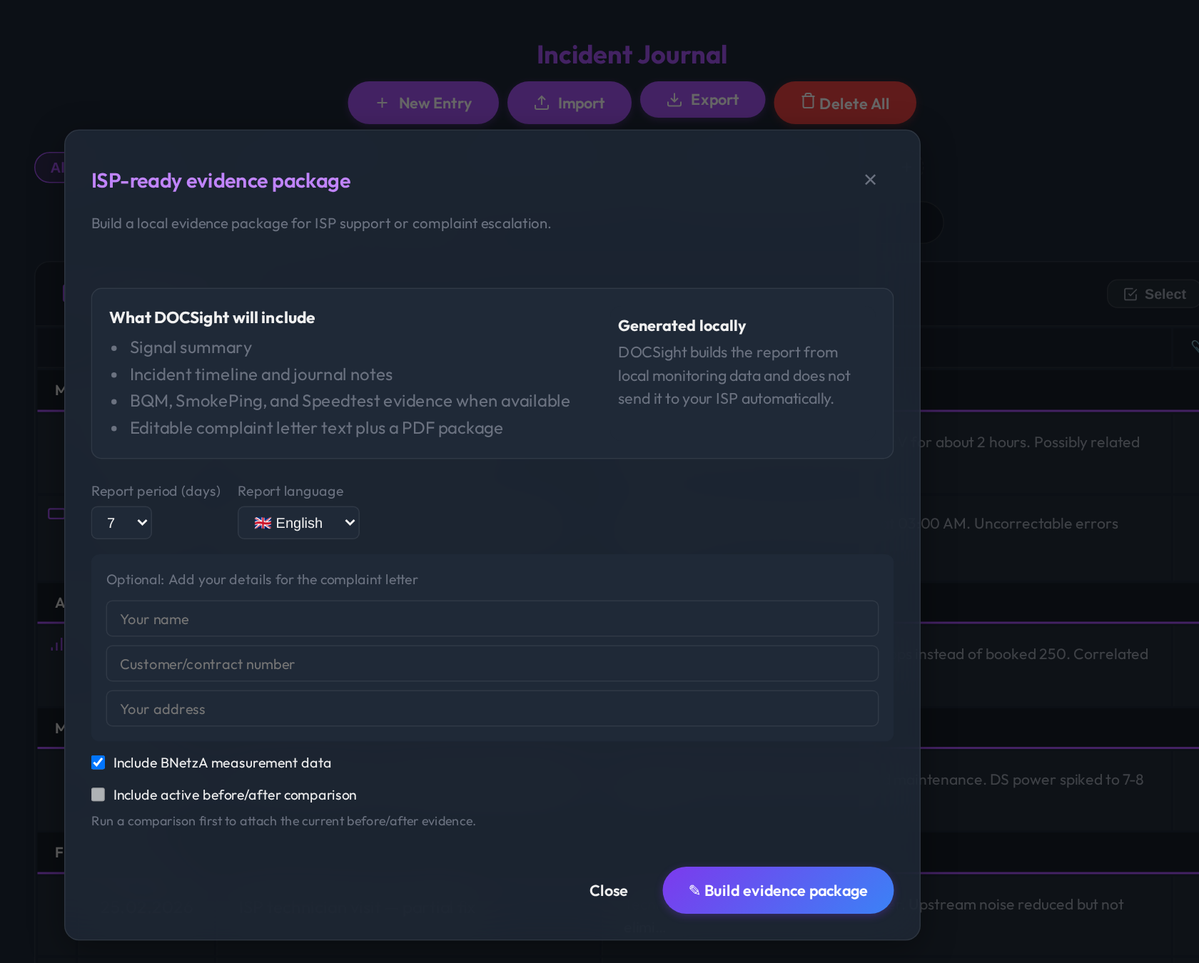 DOCSight evidence package workflow for local report generation