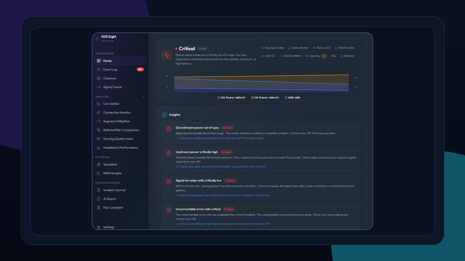 DOCSight product dashboard with signal health, speed, latency and connection cards