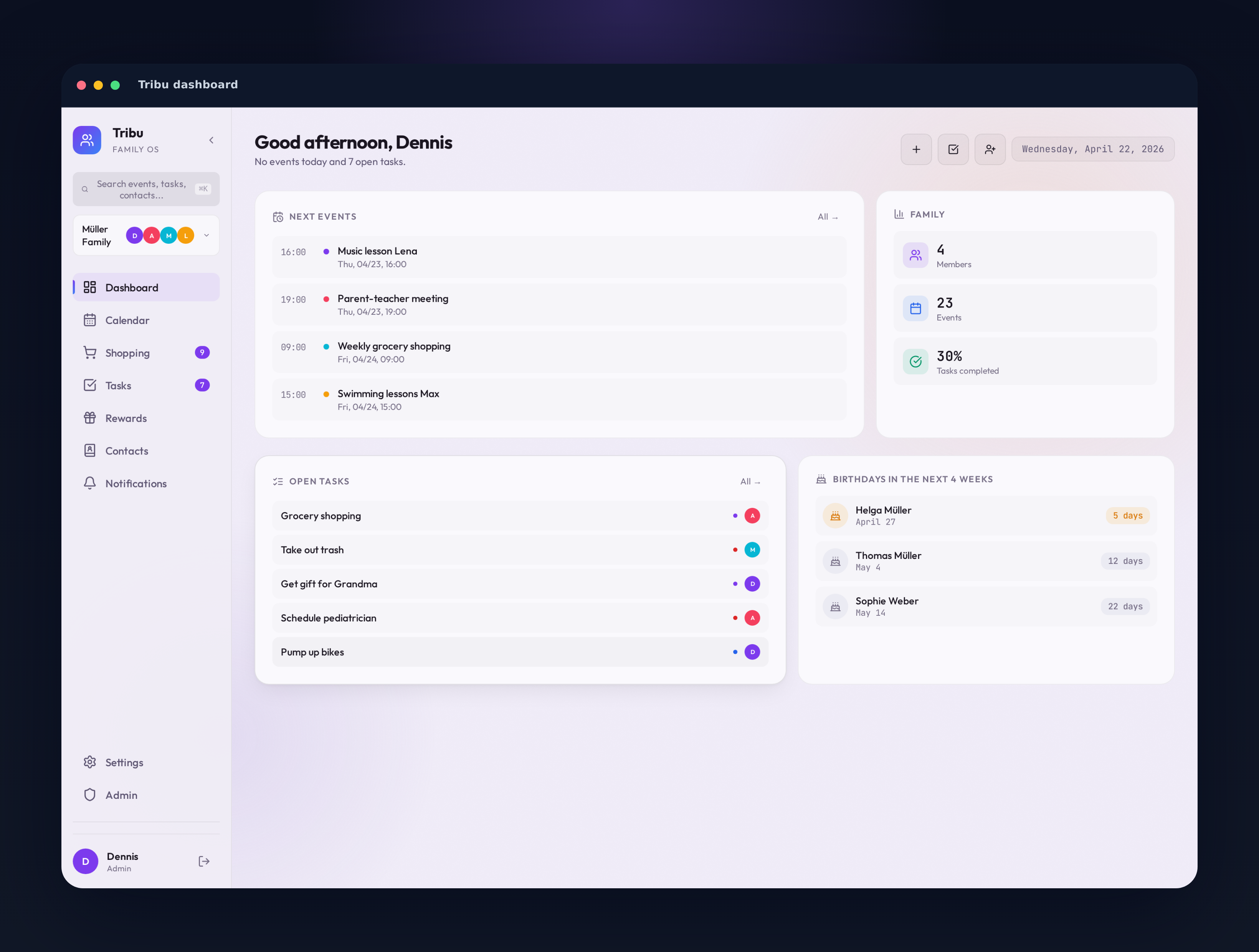 Tribu desktop dashboard with household cards